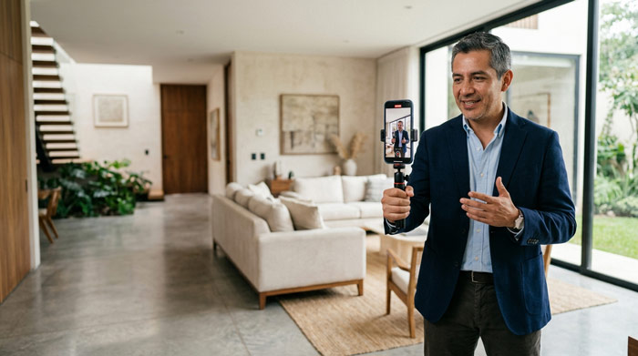 Agente inmobiliario grabando contenido para TikTok con un teléfono mientras muestra una propiedad