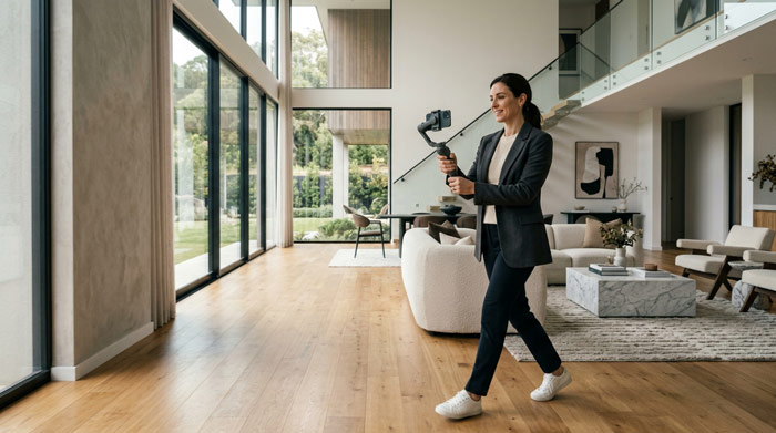 Agente inmobiliario realizando un recorrido de propiedad en video para mostrar una casa y generar citas con compradores potenciales.